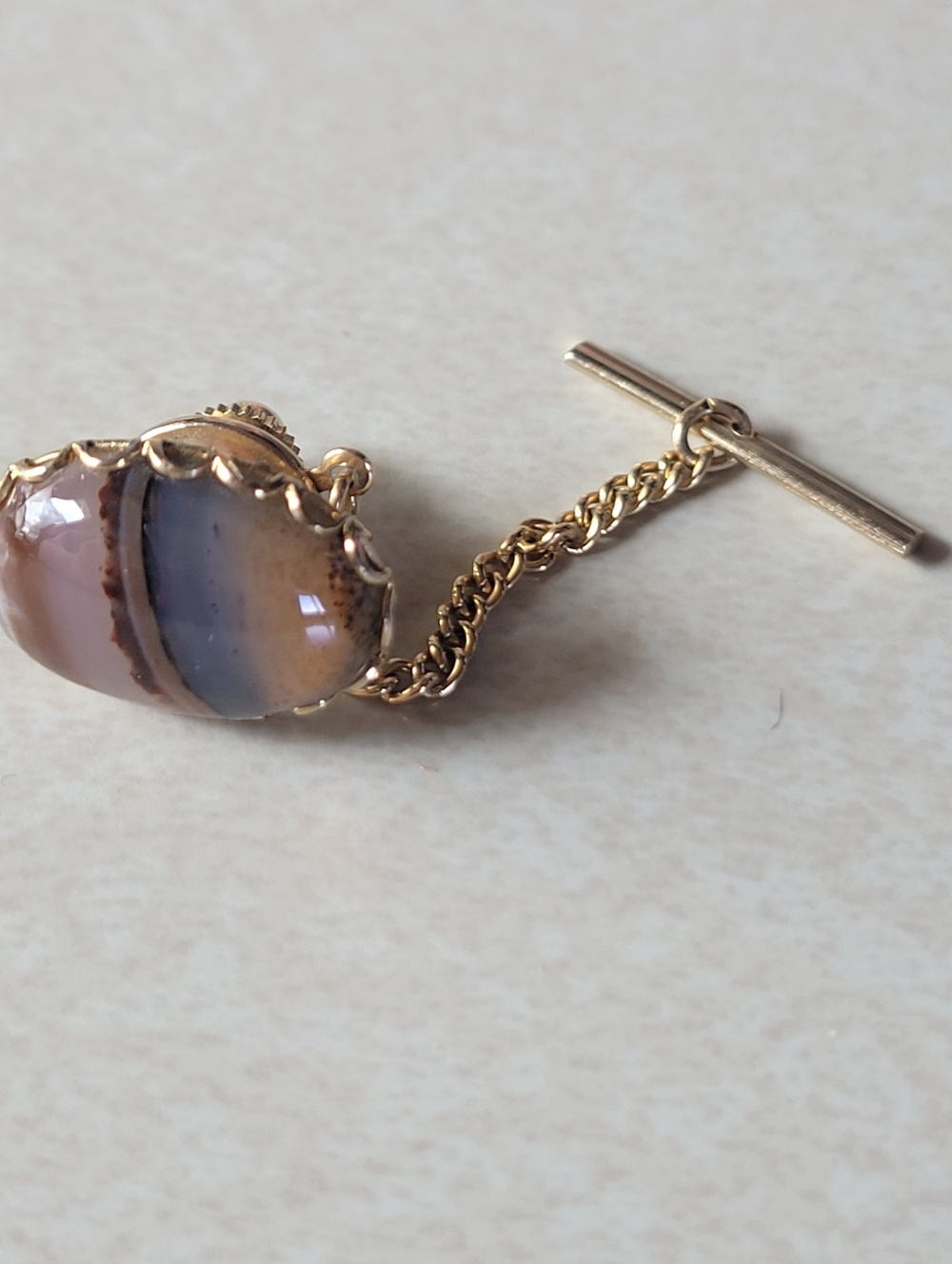 Gold Tone Agate Tie Tack - Brown and Cream Agate